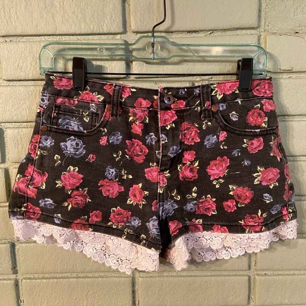 Forever 21 Black and Floral Shorts with Lace 27